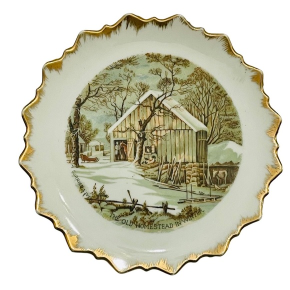 Vintage Set of 4 Gold Scalloped Edge Currier & Ives Dish Plates Made in Japan - Picture 5 of 6